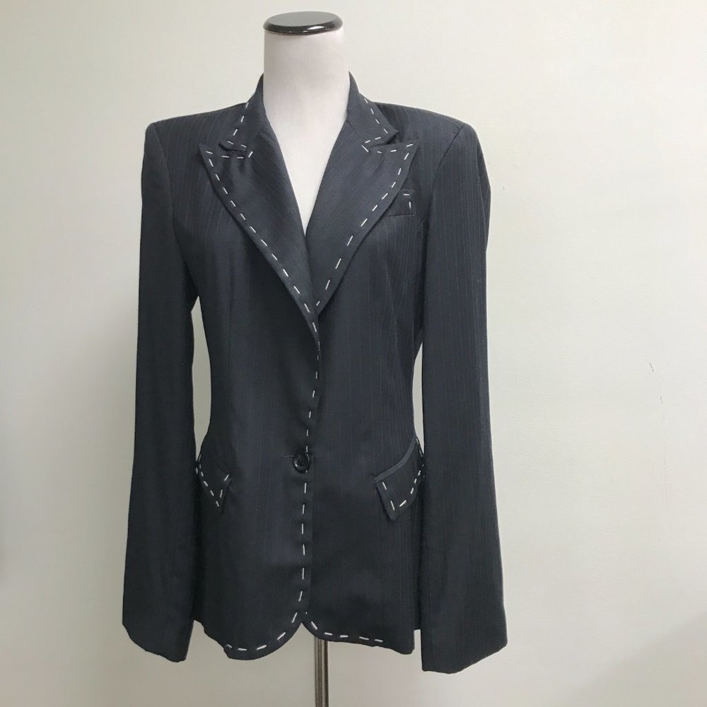 Unconditional Black blue pinstripe stitched embroidered wool silk lined blazer M